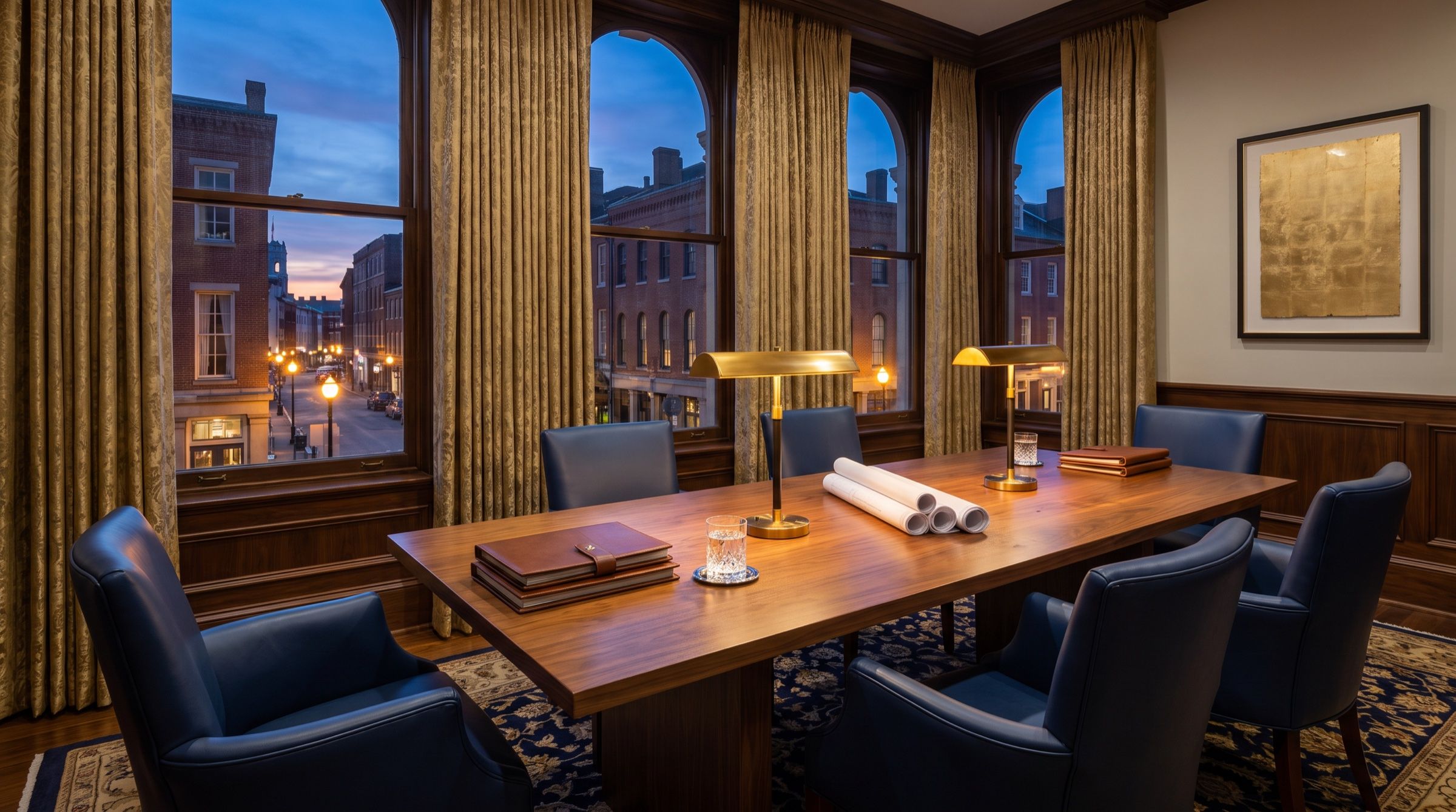 An elegant boardroom prepared for a closing meeting