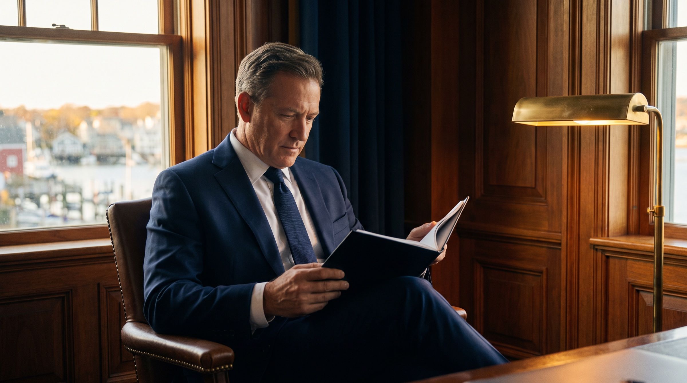 A buyer reviewing a confidential information memorandum in a private office