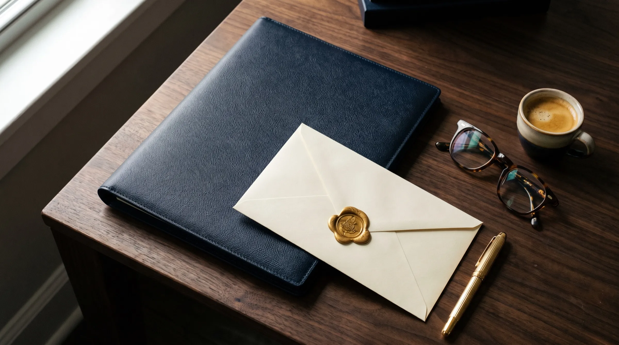 A sealed envelope, fountain pen and leather portfolio on a walnut desk