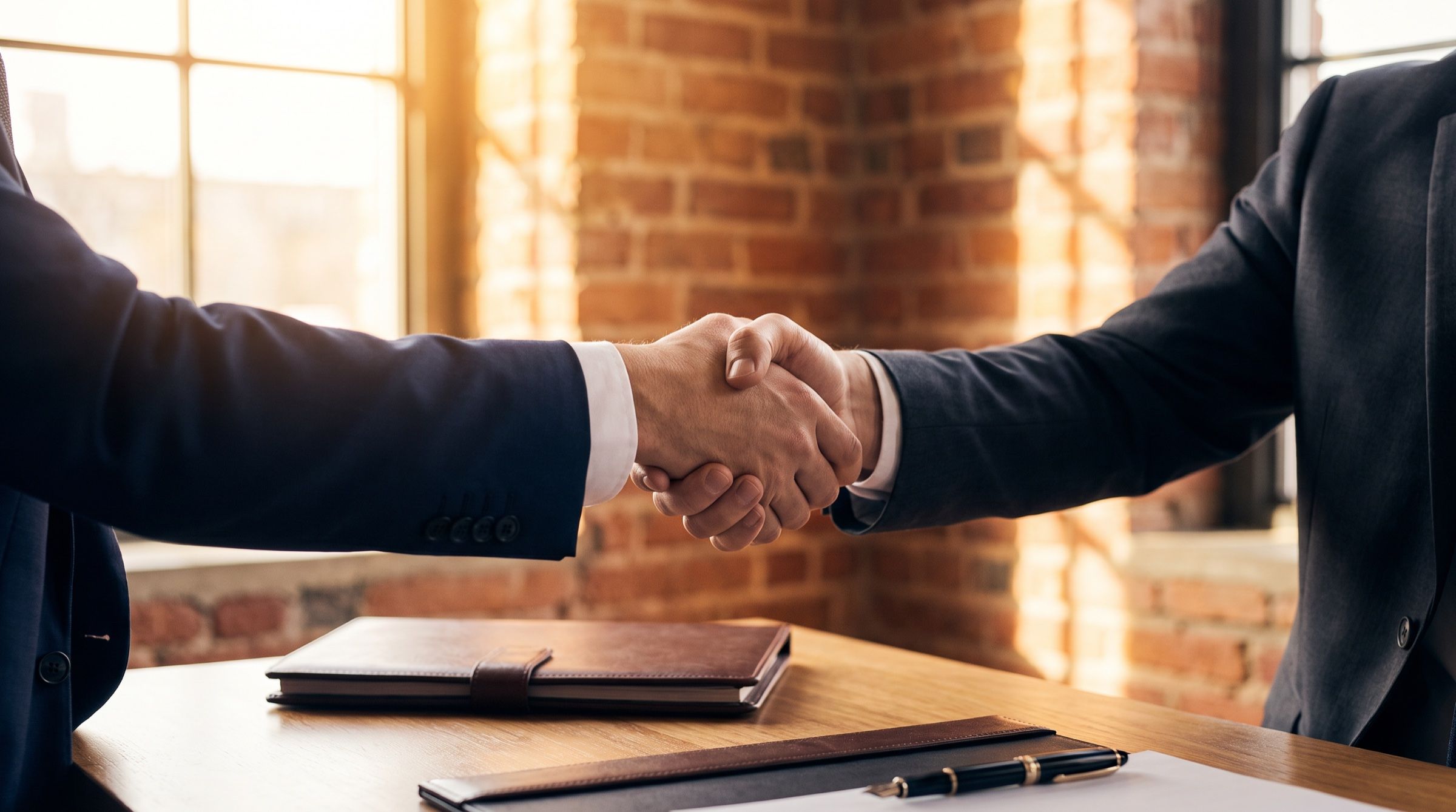 Two professionals shaking hands across a desk