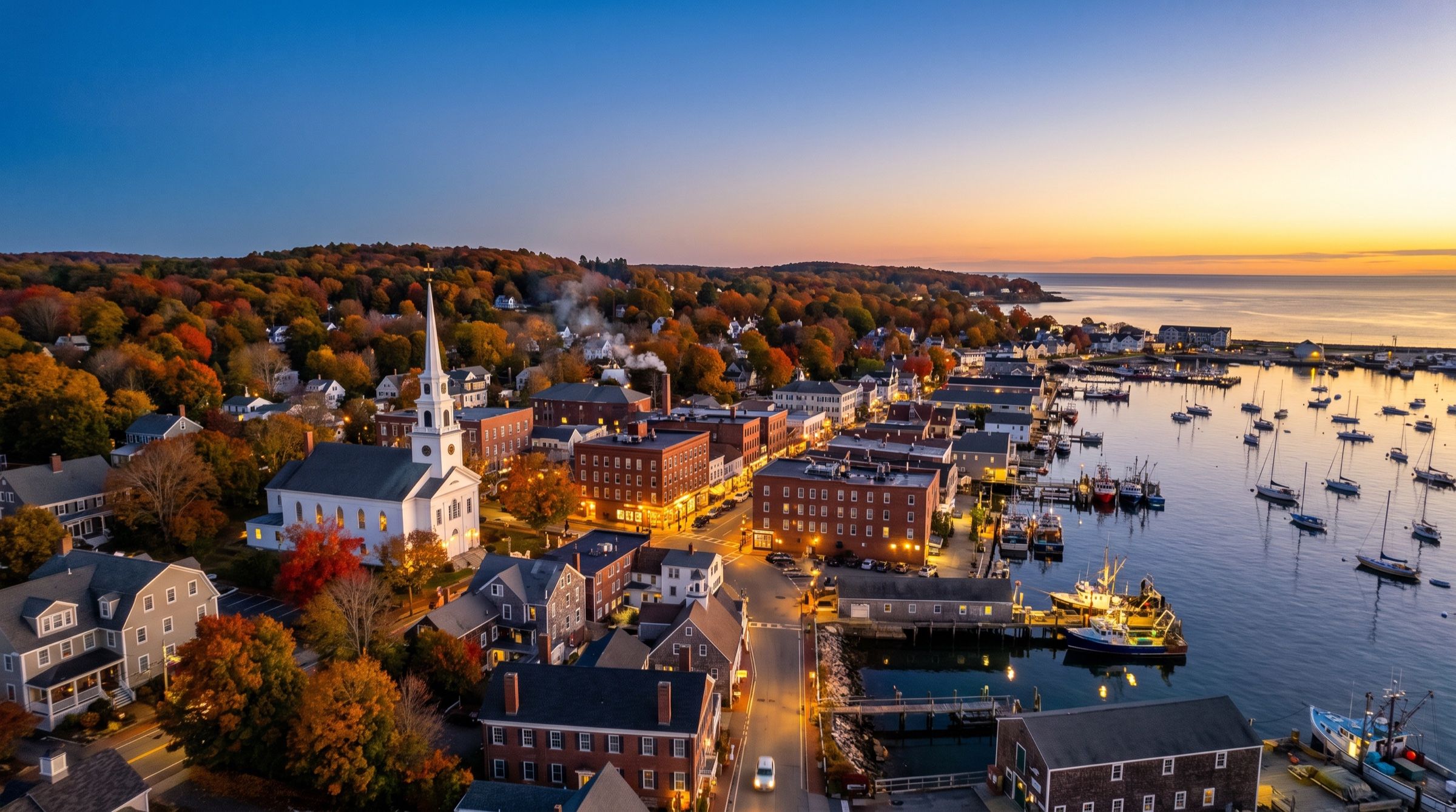 A New England harbor town at dusk