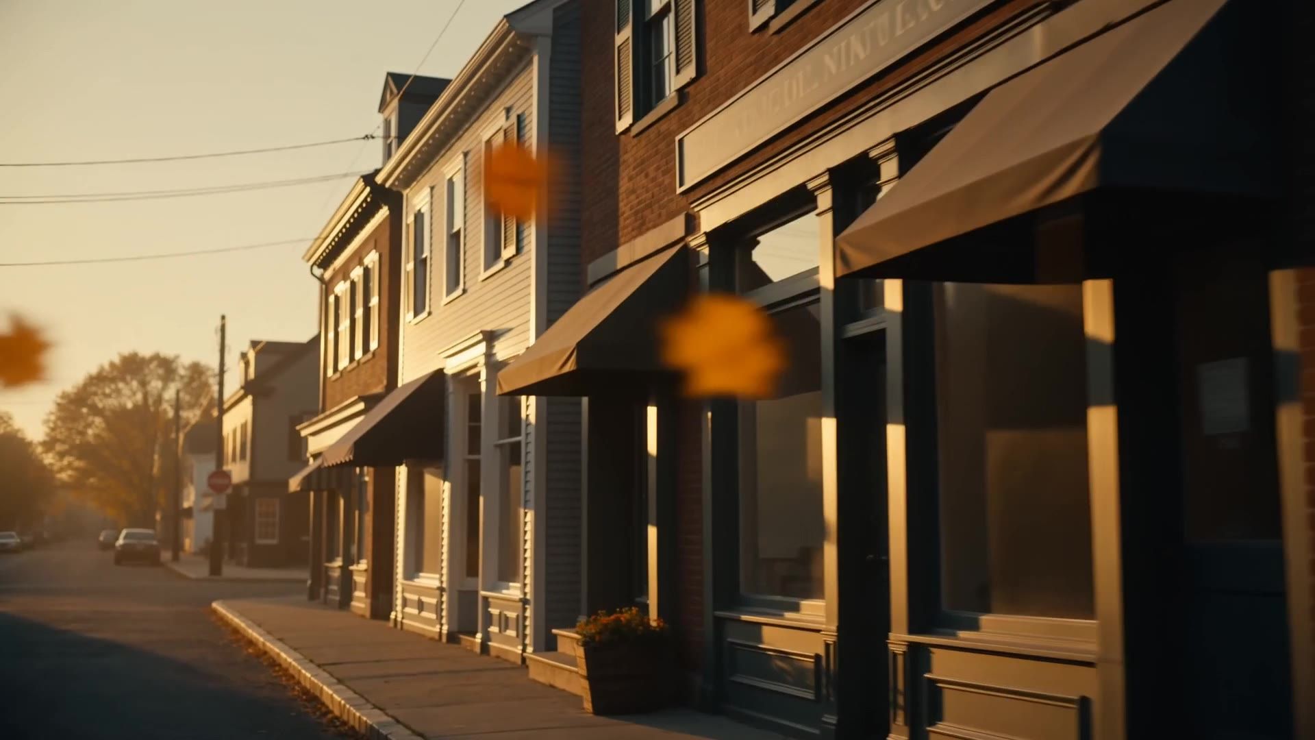 A historic New England main street of independent businesses at golden hour