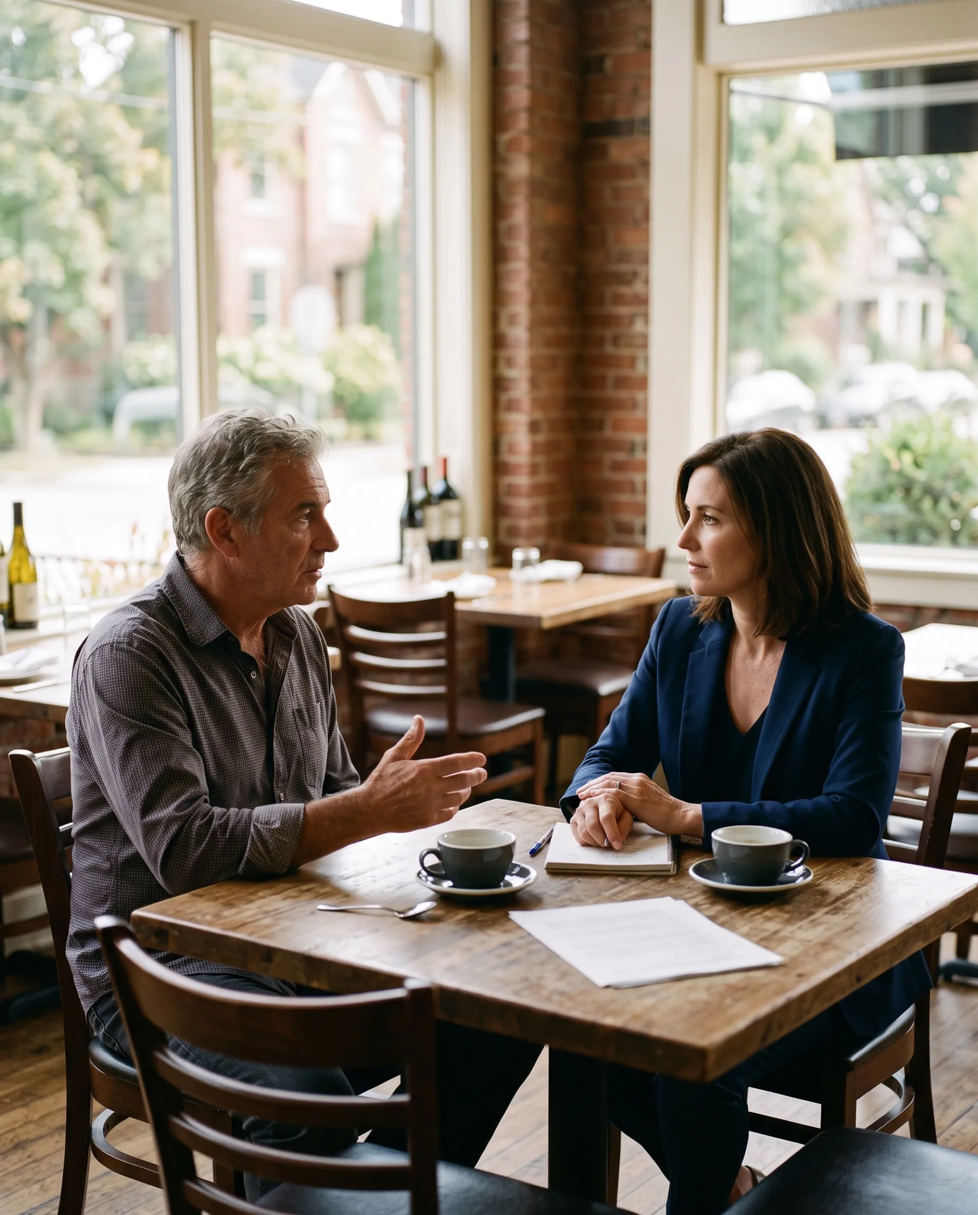 A business owner and a LAER agent in a quiet conversation over coffee