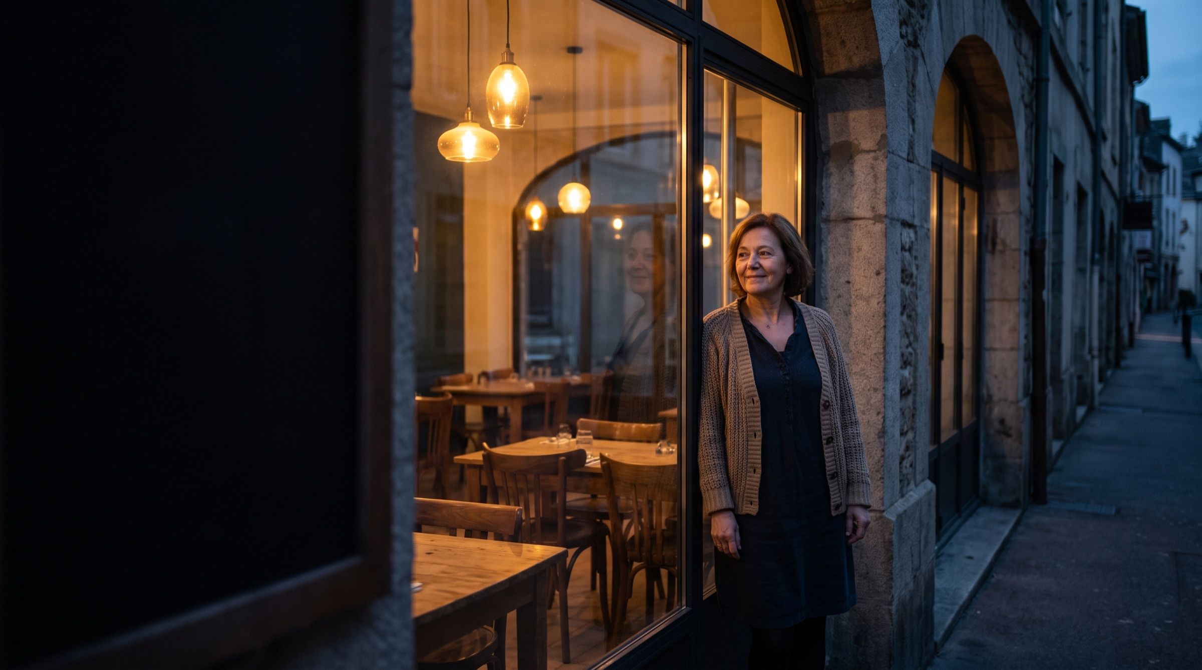 A restaurant owner standing in the doorway of her restaurant at dusk